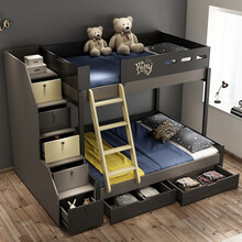 槿芙 北欧母子床组合现代简约上下床多功能高低双层床 高低床+拖抽+梯柜+上下床垫 1500*1900