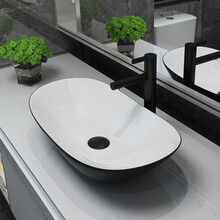 朗享 北欧台上盆 洗脸盆陶瓷洗手盆洗面盆卫生间台盆洗脸池洗手池阳台洗手盆艺术盆洗手盘 黑白盆+黑抽拉龙头+黑下水全套