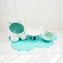 米啦小喵 vivipet猫碗猫盆食盆宠物狗狗猫粮碗双碗饭盆猫咪水碗食碗陶瓷碗 绿色三件套+云朵垫子