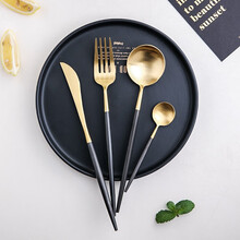 川岛屋西餐餐具不锈钢刀叉勺套装家用欧式吃牛排刀叉勺子餐具四件套 黑金4件套(主餐刀叉勺甜点勺)