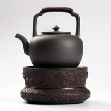 御汕堂台湾工艺老岩泥手作电陶炉白泥陶壶煮茶器套装家用煮茶烧水两用耐高温大号泡茶壶 缠枝牡丹+莲花黑色