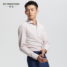 ByCreations柏品纯棉温莎领条纹商务正装衬衫男复古修身一片领休闲长袖衬衣男 米色条纹 39