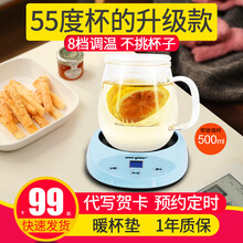 meyou名友恒温加热杯垫保温碟热牛奶器早餐机暖暖杯暖杯垫 天蓝色（带500ml玻璃花茶杯）