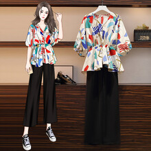 孕妇衬衣上衣套装夏装外出时尚款潮妈雪纺衬衫上衣网红洋气托腹裤子两件套 花色(图片色)上衣 XL