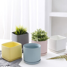 ins陶瓷花盆北欧轻奢简约带托盘粉色灰色绿萝吊兰多肉创意其他 【圆】蓝色亚光 大号