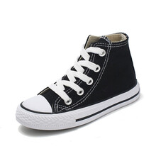 儿童帆布鞋2019秋季新款童鞋男童女童高帮板鞋韩版系带中大小童休闲鞋学生小白鞋 黑色高帮 21码/内长14（偏小一码）
