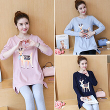 孕妇装秋冬装外出新款孕妇连衣裙中长款时尚潮妈孕妇套装秋冬季宽松透气春秋上衣T恤 浅蓝色 L