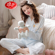 浪莎新品 孕妇睡衣女夏天薄款月子服纱布纯棉产后喂奶衣哺乳品牌家居服 WS990C浅蓝色小鸟 S