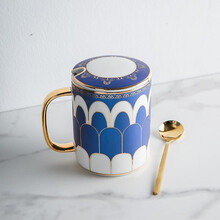 天城一品 欧式杯子女男陶瓷马克杯带盖勺创意情侣水杯办公室咖啡杯 繁花似锦（蓝）