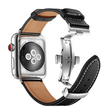 适用apple watch表带苹果手表5带S4软真皮潮iwatch2/3代女男38/42mm 蝴蝶扣(银扣)黑色 4代专用(40MM)送充电支架-贴膜-保护套