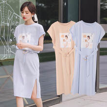 米度丽 孕妇夏装时尚款孕妇连衣裙夏天长款过膝纯棉短袖t恤裙子夏季潮妈 浅蓝色 M