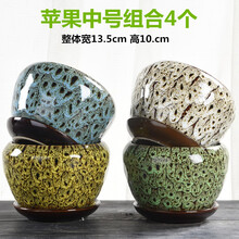 仟尚亿 四个一组花盆带托盘陶瓷特价简约创意个性肉肉植物吊兰绿萝中号粗陶透气小花盆批发 03苹果中号组合4个带托盘 中等