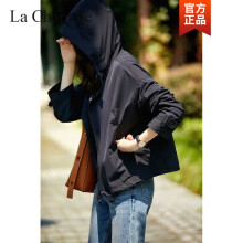 拉夏贝尔风衣女2022春秋新款韩版时髦连帽拉链外套宽松气质短款减龄设计感 藏青色 L