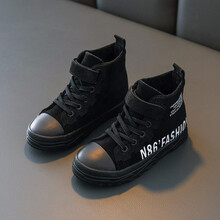 猫和维尼童鞋 儿童高帮加绒休闲鞋新款男童棉鞋冬季二棉薄绒保暖鞋板鞋中大童鞋 黑色二棉薄绒 25码/鞋子内长约17厘米