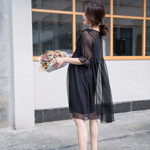 孕妇装夏装外出2019新款孕妇连衣裙中长款时尚潮妈孕妇裙子夏季宽松透气套装 黑色 XL