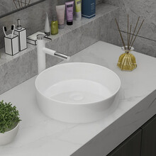 朗享 卫生间洗脸盆陶瓷洗手盆 台上盆 洗脸盆洗面盆洗漱盆圆形洗脸池洗手池洗漱池洗手盘洗脸盘艺术盆 388白盆+白抽拉龙头+白下水器全套