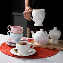 穆尼生活 浮雕蕾丝咖啡杯碟壶套装欧式小奢华带盖家用茶杯马克杯 公主马克杯-白色