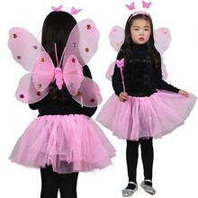 盛泉六一儿童节表演天使羽毛蝴蝶翅膀公主四件套魔法棒裙子可爱儿童道具舞蹈演出服装 粉色双层四件套