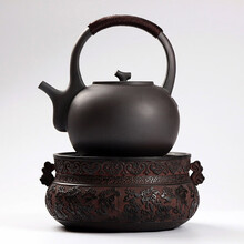 御汕堂原矿白泥陶壶煮茶器套装 台湾老岩泥手工静音电陶炉家用泡茶壶陶瓷茶具大号白陶壶 缠枝凌霄+鹈鹕黑色