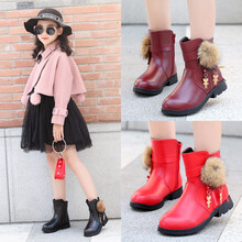 麦桔儿 女童靴子儿童棉鞋加绒皮鞋女童鞋2021新款学生休闲鞋雪地靴秋冬款短筒靴 黑色薄绒 34码/鞋内长20.8cm