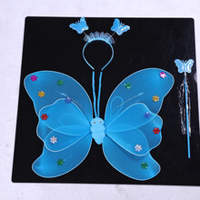 蝴蝶翅膀儿童仙女裙发光玩具天使魔法棒套装女童装扮翅膀夜市玩具 双层蓝色 蝴蝶