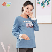 贝贝怡孕妈休闲个性印花T恤秋季新品花边袖口长袖圆领上衣 蓝色 M
