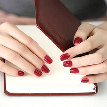 假指甲贴片穿戴式甲片可拆卸美甲成品摘带新娘学生长短款美甲贴片 酒红纯色