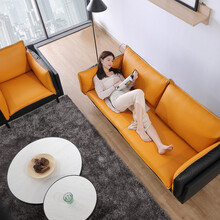 摩登王朝北欧办公沙发茶几组合真牛皮三人位沙发简约现代会客商务接待沙发办公室沙发套餐组合高档小户型沙发 黑色+橙色 单位+双位+三位（加厚西皮）双面使用