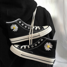 闪足（SHANZU）2021夏季新款韩版帆布鞋女小雏菊平底高帮滑板鞋子百搭透气学生ins潮布鞋 （J-1）黑色 35