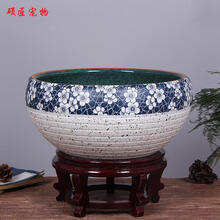 景德镇陶瓷鱼缸大号养鱼盆荷花缸乌龟缸碗莲睡莲盆客厅风水金鱼缸 腊梅中号直径32cm【六件套】
