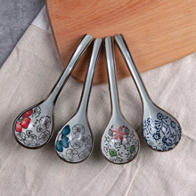 和风四季釉下彩厨具个性创意日式餐具手绘陶瓷勺匙子调羹勺子小饭勺大汤勺汤匙 青花中号瓷勺(16*4.8cm)单个