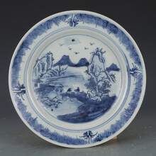 【芠拉】芠拉-清青花山水人物纹盘 仿古瓷器古董真品古玩收藏不议价不