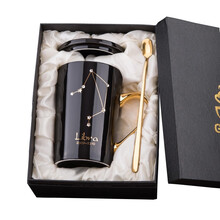 赛太太 创意镶钻星座陶瓷杯子马克杯 个性水杯咖啡杯带盖勺茶杯礼盒装生日七夕情人节礼物送女友 天秤座（黑）