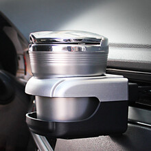 车载烟灰缸 汽车烟灰缸车用带LED灯带盖 多功能创意车载烟灰缸通用个性耐高温汽车用品 银色烟灰缸+银色杯架