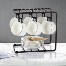 Mongdio 咖啡杯套装 欧式小奢华创意陶瓷杯碟勺套装 小精致咖啡杯6件套 黑釉边六杯六碟六勺-U型架