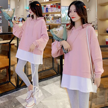 珺瑞禾 孕妇装秋装连帽卫衣2021新款韩版春秋季中长款上衣秋季宽松孕妈套装 粉色+浅灰裤(套装) M(建议体重90-110斤)