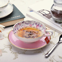 乐享 茶杯杯咖啡杯套装陶瓷欧式金边英式优雅两件套 粉黛凝春  一杯一碟套装（破损补寄）