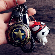 复仇者钥匙扣蝙蝠侠钥匙挂件钢铁侠盾牌大白车钥匙链创意男女腰挂圈环生日礼物可爱有趣漫威小公仔 红蜘蛛侠大白+铜美队盾+黑绳