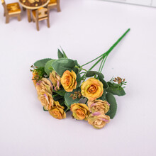 10头油画金丽玫/绢布干花/客厅 餐桌 酒店 办公插花摆设 烟灰黄