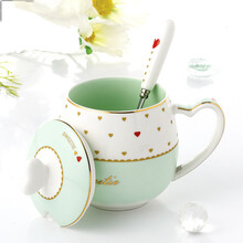 青麦 办公室家用陶瓷杯子带盖水杯咖啡杯呆萌大肚马克杯创意情侣杯学生杯女士茶杯带勺 绿釉甜心色釉杯