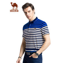 骆驼（CAMEL）男装 夏季条纹翻领绣标POLO衫商务休闲短袖衫男 彩蓝 XL