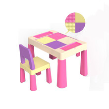儿童积木桌子多功能塑料游戏拼装玩具幼儿园乐高宝宝桌椅套装 韩版粉大小颗粒板1桌1椅+约404粒大小混合积木