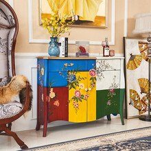 品涵艺术家具美式乡村实木餐边柜鞋柜欧式门口超薄玄关柜地中海风格美式田园装饰柜混搭设计师家具门厅装饰柜 五色牡丹