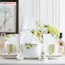 美式骨瓷餐具套装碗盘家用欧式碗碟套装陶瓷中西餐牛排盘子组结婚 56件方形黄金边版10人标准配置礼盒包装