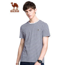 骆驼（CAMEL）男装 夏季圆领条纹T恤 男青年休闲微弹短袖上衣 灰蓝 XXL