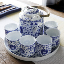 古笙记 釉下彩青花瓷提梁壶茶具套装景德镇功夫茶具整套客厅仿古中式古典泡1茶壶6茶杯1陶瓷茶盘大容量 【青花缠枝莲】一壶六杯一托盘礼盒包装