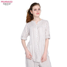 母爱无私 夏季纯棉双层纱布月子服薄款长袖孕妇睡衣夏季哺乳装产后坐月子喂奶衣开衫 灰色格子 L码（合适125-140重）