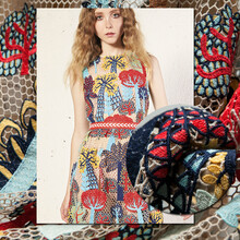 煊缎 蕾丝布料面料 红 黄色热带树型刺绣性感镂空蕾丝裙衣服制衣布匹秋