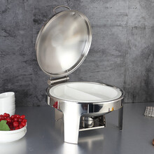 德勒 液压自助餐炉陶瓷份数盆圆形翻盖不锈钢电加热早餐保温布菲炉酒店餐具 简易式液压圆形酒精加热陶瓷圆直双格