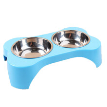 宠物仿瓷不锈钢印花狗碗 不锈钢狗碗双碗狗食盆猫碗猫盆食盘食碗狗粮碗 蓝色 26*15*6cm